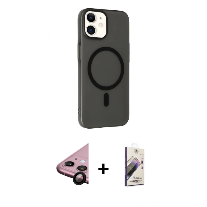 MARSİLYAN™- iPhone 11 Kılıf Çekirdek Modern Prime - Siyah Bilvis 3D Mat Cam Ekran Koruyucu + Siyah Raze Metal Kamera Lens