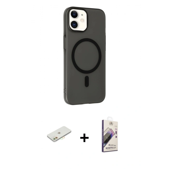 MARSİLYAN™- iPhone 11 Kılıf Çekirdek Modern Prime - Siyah Bilvis 3D Mat Cam Ekran Koruyucu + Renkli Kamera Lens Koruma Cam - TU