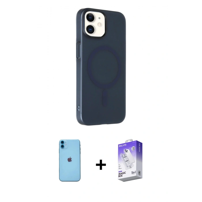 MARSİLYAN™- iPhone 11 Kılıf Çekirdek Modern Prime - Siyah Bilvis 5in1 3D Magic Cam Ekran Koruyucu + Mavi Neon Fosforlu Kamera Lens