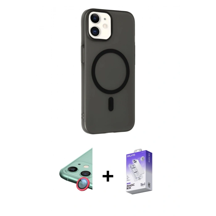MARSİLYAN™- iPhone 11 Kılıf Çekirdek Modern Prime - Siyah Bilvis 5in1 3D Magic Cam Ekran Koruyucu + Raze Metal Kamera Lens - KI