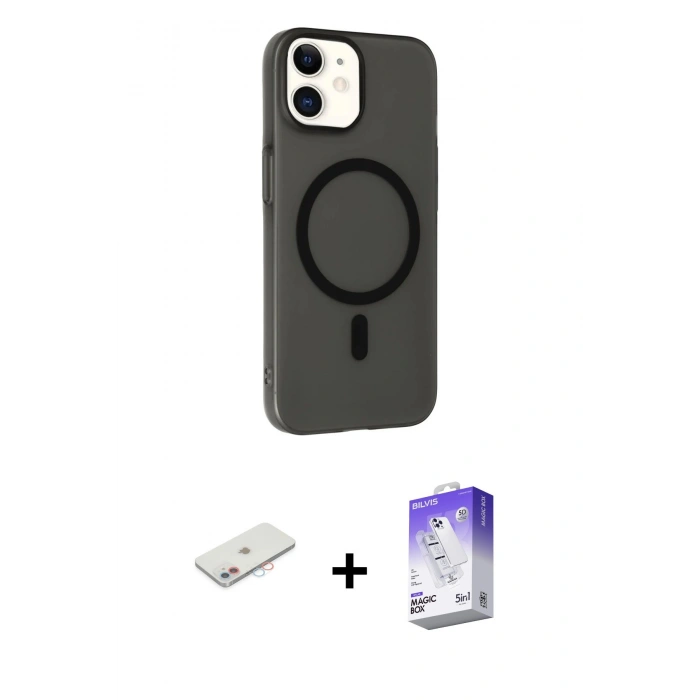 MARSİLYAN™- iPhone 11 Kılıf Çekirdek Modern Prime - Siyah Bilvis 5in1 3D Magic Cam Ekran Koruyucu + Renkli Kamera Lens Koruma Cam - PE