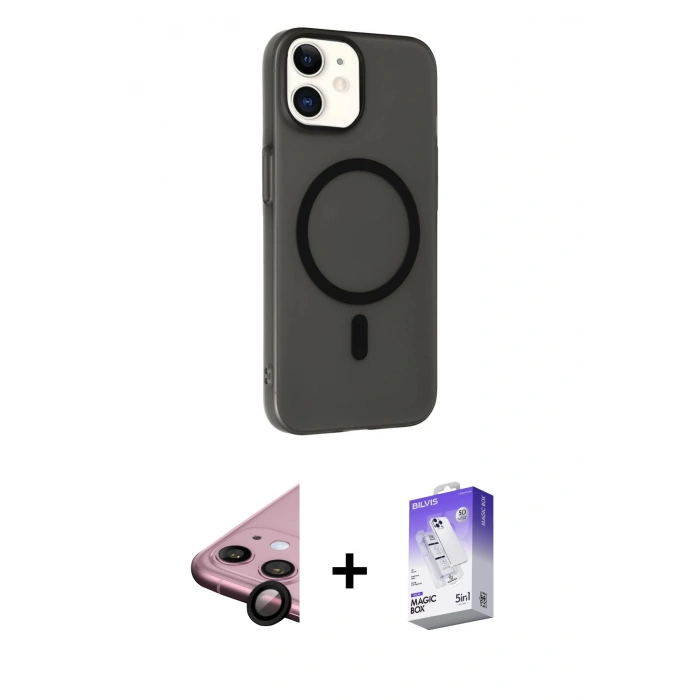 MARSİLYAN™- iPhone 11 Kılıf Çekirdek Modern Prime - Siyah Bilvis 5in1 3D Magic Cam Ekran Koruyucu + Siyah Raze Metal Kamera Lens