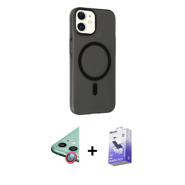 MARSİLYAN™- iPhone 11 Kılıf Çekirdek Modern Prime - Siyah Bilvis 5in1 5D Magic Hayalet Cam Ekran Koruyucu + Raze Metal Kamera Lens - KI