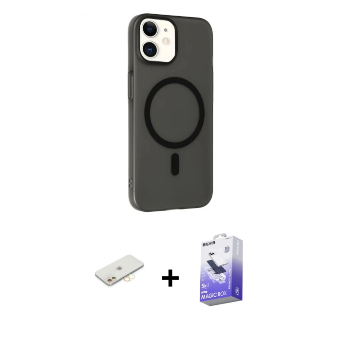 MARSİLYAN™- iPhone 11 Kılıf Çekirdek Modern Prime - Siyah Bilvis 5in1 5D Magic Hayalet Cam Ekran Koruyucu + Renkli Kamera Lens Koruma Cam - SI