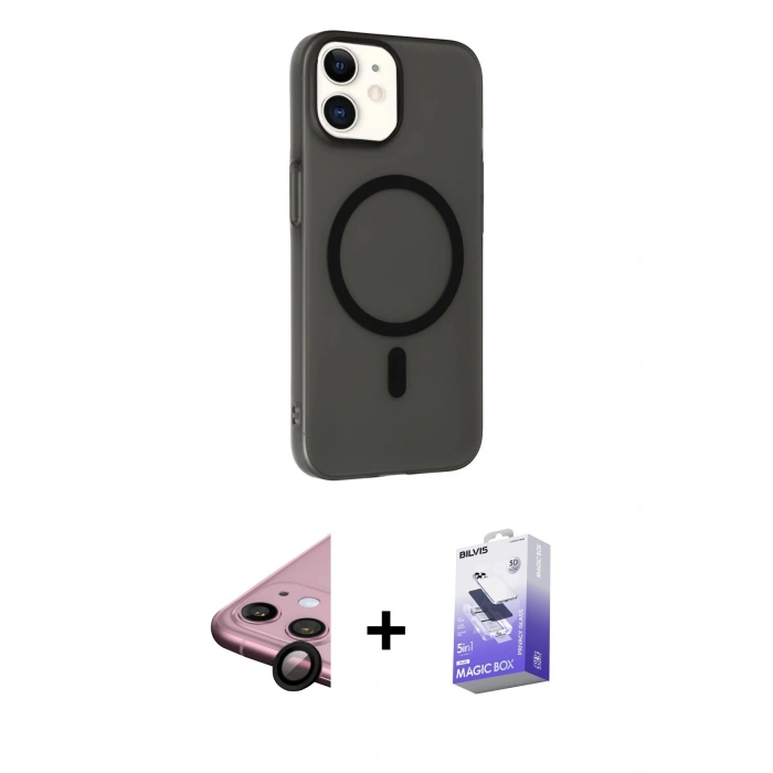 MARSİLYAN™- iPhone 11 Kılıf Çekirdek Modern Prime - Siyah Bilvis 5in1 5D Magic Hayalet Cam Ekran Koruyucu + Siyah Raze Metal Kamera Lens