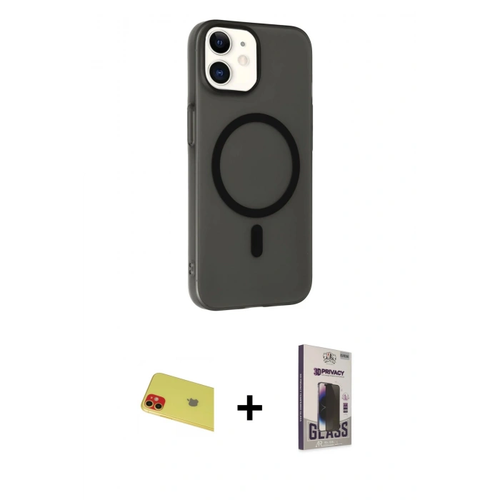 MARSİLYAN™- iPhone 11 Kılıf Çekirdek Modern Prime - Siyah Bilvis Hayalet Cam Ekran Koruyucu + Rainbow Kamera Lens Koruma Cam - KI