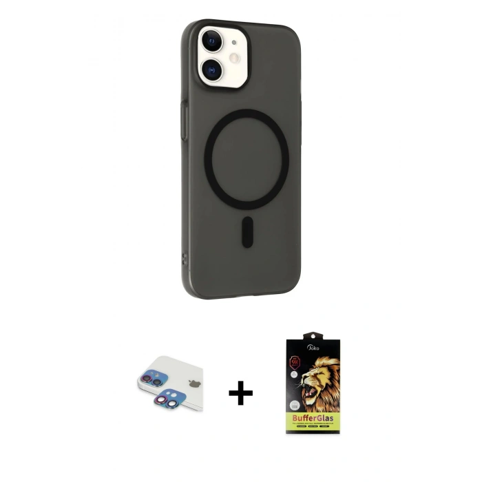 MARSİLYAN™- iPhone 11 Kılıf Çekirdek Modern Prime - Siyah Buffer Cam Ekran Koruyucu + Gökkuşağı Pers Alüminyum Kamera Lens