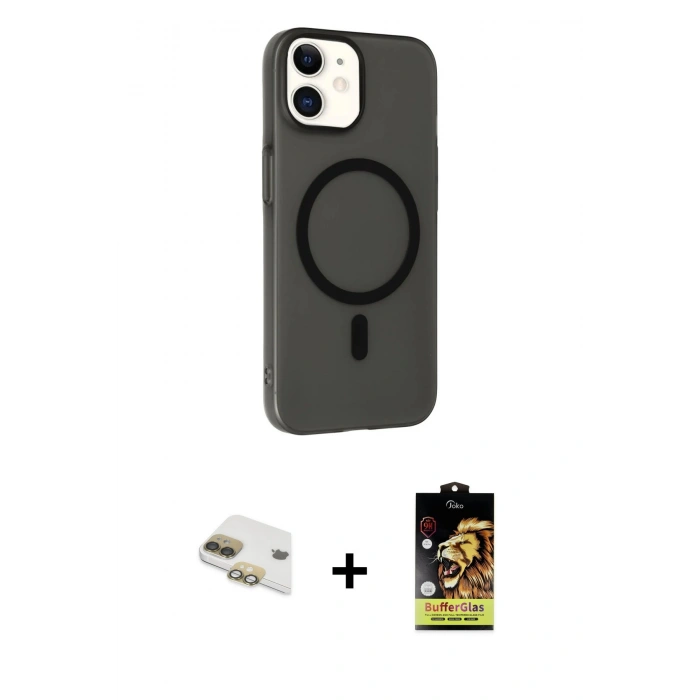 MARSİLYAN™- iPhone 11 Kılıf Çekirdek Modern Prime - Siyah Buffer Cam Ekran Koruyucu + Gold Pers Alüminyum Kamera Lens