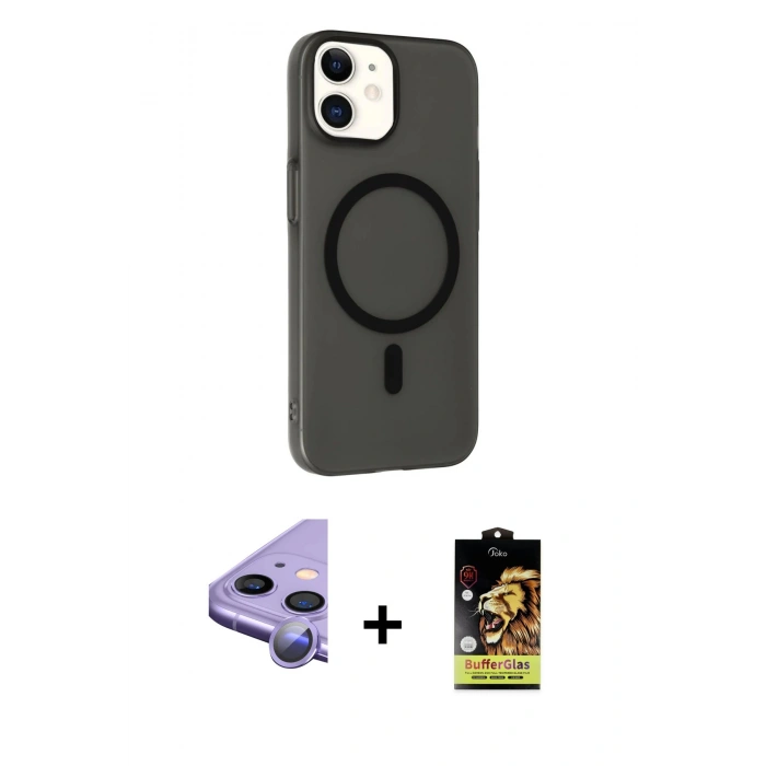 MARSİLYAN™- iPhone 11 Kılıf Çekirdek Modern Prime - Siyah Buffer Cam Ekran Koruyucu + Mor Raze Metal Kamera Lens