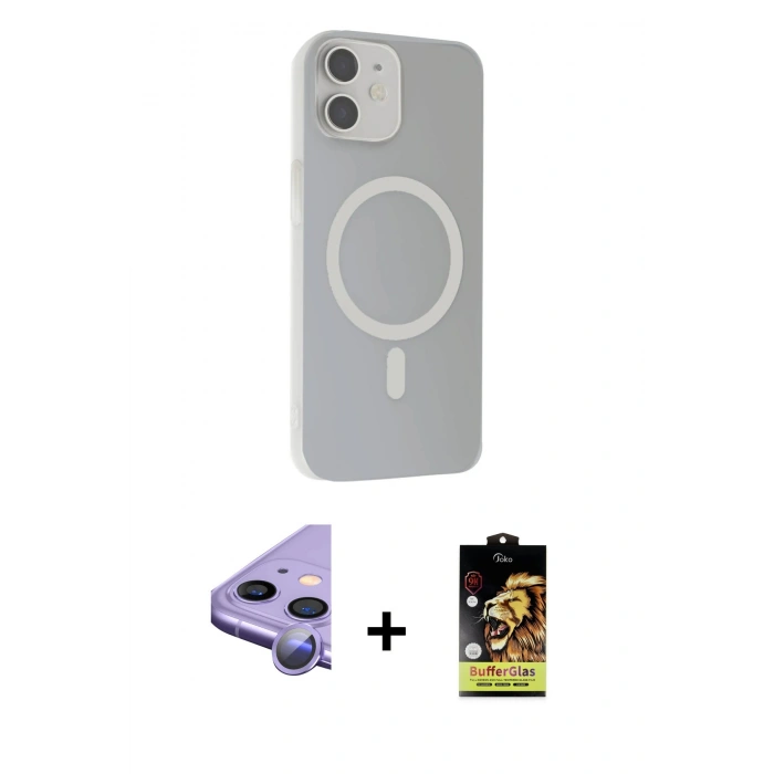 MARSİLYAN™- iPhone 11 Kılıf Çekirdek Modern Prime - Siyah Buffer Cam Ekran Koruyucu + Mor Raze Metal Kamera Lens