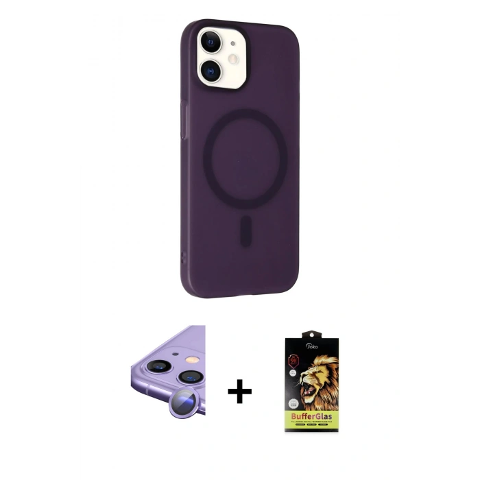 MARSİLYAN™- iPhone 11 Kılıf Çekirdek Modern Prime - Siyah Buffer Cam Ekran Koruyucu + Mor Raze Metal Kamera Lens