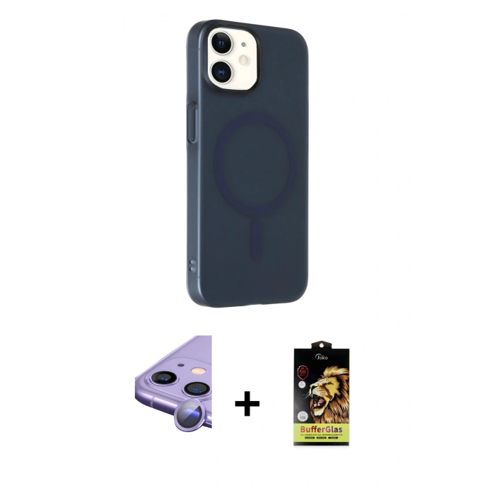 MARSİLYAN™- iPhone 11 Kılıf Çekirdek Modern Prime - Siyah Buffer Cam Ekran Koruyucu + Mor Raze Metal Kamera Lens
