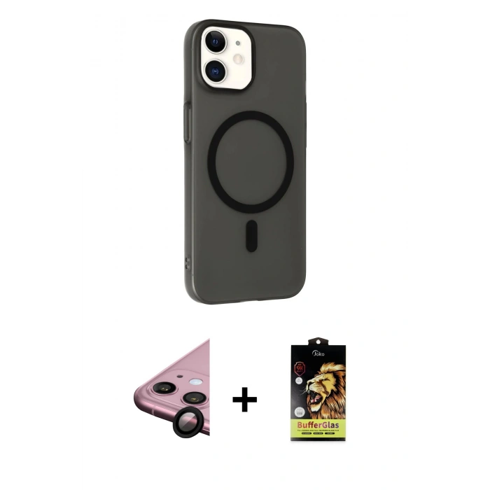 MARSİLYAN™- iPhone 11 Kılıf Çekirdek Modern Prime - Siyah Buffer Cam Ekran Koruyucu + Raze Metal Kamera Lens - SH