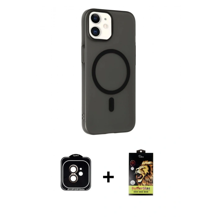 MARSİLYAN™- iPhone 11 Kılıf Çekirdek Modern Prime - Siyah Buffer Cam Ekran Koruyucu + PVD Metal Kamera Lens - TU