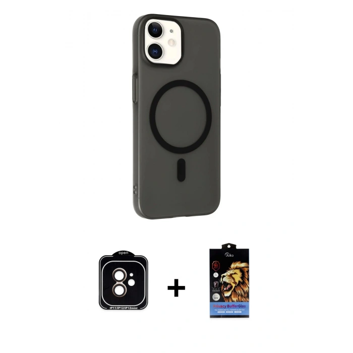 MARSİLYAN™- iPhone 11 Kılıf Çekirdek Modern Prime - Siyah Buffer Hayalet Cam Ekran Koruyucu + PVD Metal Kamera Lens - TU