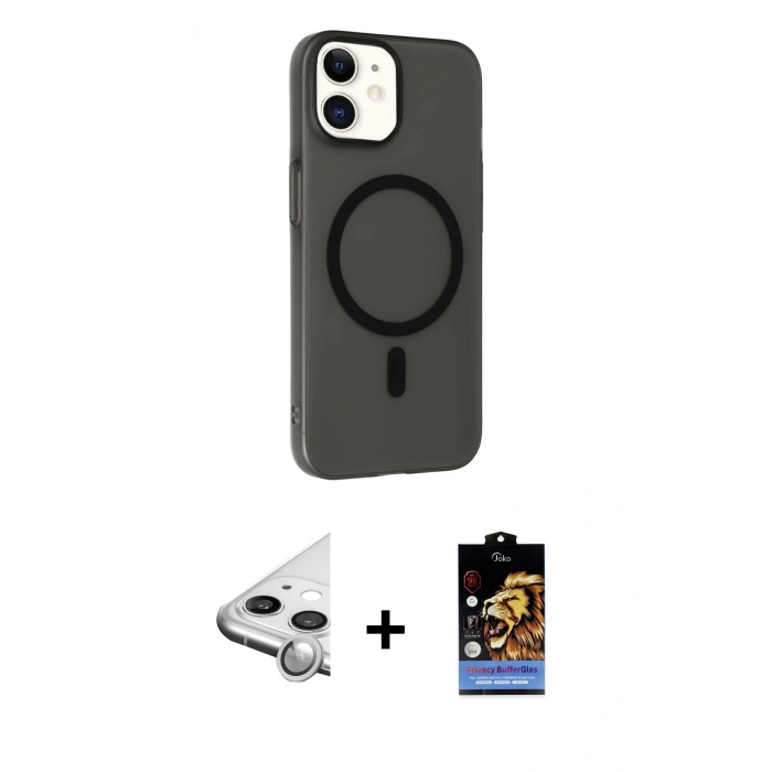 MARSİLYAN™- iPhone 11 Kılıf Çekirdek Modern Prime - Siyah Buffer Hayalet Cam Ekran Koruyucu + Raze Metal Kamera Lens - GS