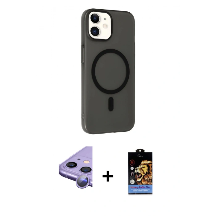 MARSİLYAN™- iPhone 11 Kılıf Çekirdek Modern Prime - Siyah Buffer Hayalet Cam Ekran Koruyucu + Raze Metal Kamera Lens - MR