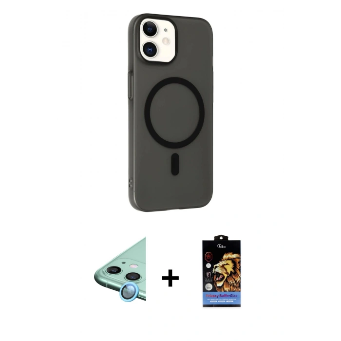 MARSİLYAN™- iPhone 11 Kılıf Çekirdek Modern Prime - Siyah Buffer Hayalet Cam Ekran Koruyucu + Raze Metal Kamera Lens - MI