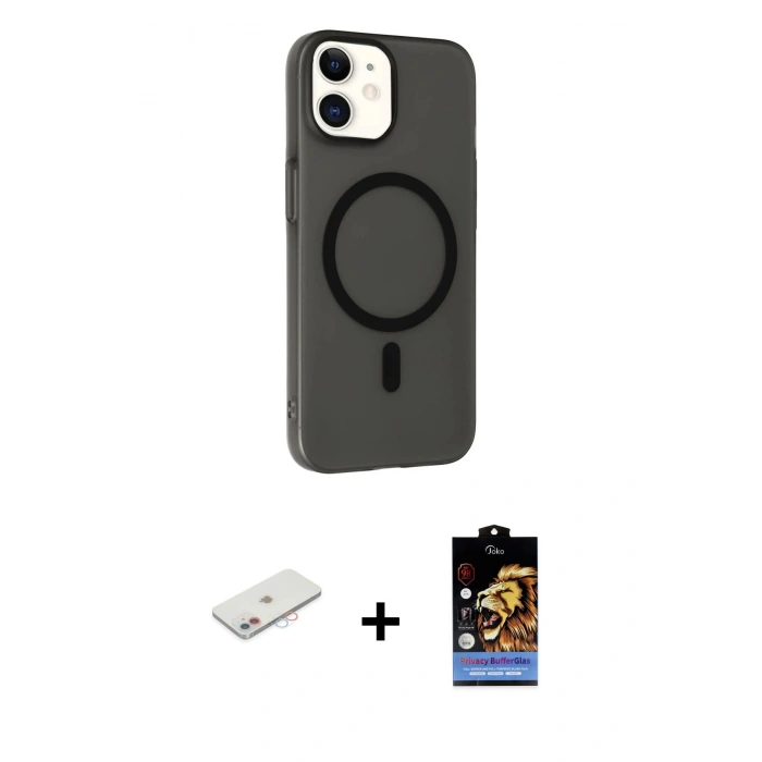 MARSİLYAN™- iPhone 11 Kılıf Çekirdek Modern Prime - Siyah Buffer Hayalet Cam Ekran Koruyucu + Renkli Kamera Lens Koruma Cam - PE