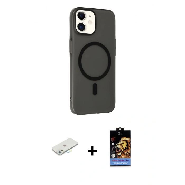 MARSİLYAN™- iPhone 11 Kılıf Çekirdek Modern Prime - Siyah Buffer Hayalet Cam Ekran Koruyucu + Renkli Kamera Lens Koruma Cam - SI