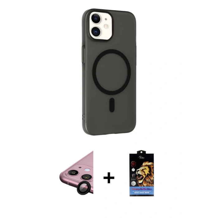 MARSİLYAN™- iPhone 11 Kılıf Çekirdek Modern Prime - Siyah Buffer Hayalet Cam Ekran Koruyucu + Raze Metal Kamera Lens - SH