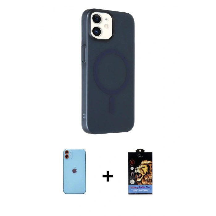 MARSİLYAN™- iPhone 11 Kılıf Çekirdek Modern Prime - Siyah Buffer Hayalet Cam Ekran Koruyucu + Turuncu Neon Fosforlu Kamera Lens