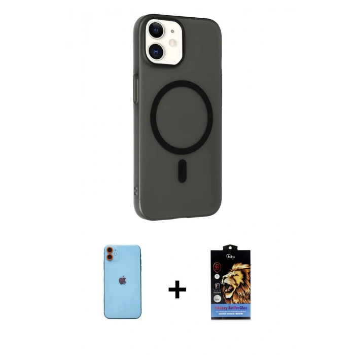 MARSİLYAN™- iPhone 11 Kılıf Çekirdek Modern Prime - Siyah Buffer Hayalet Cam Ekran Koruyucu + Turuncu Neon Fosforlu Kamera Lens