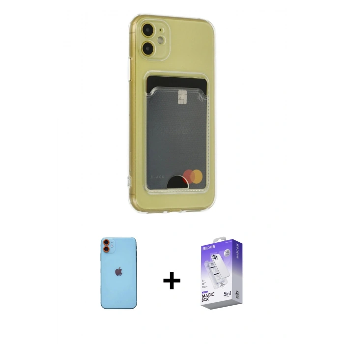 MARSİLYAN™- iPhone 11 Kılıf Doruk Klasik Koleksiyonu - Siyah Bilvis 5in1 3D Magic Cam Ekran Koruyucu + Neon Fosforlu Kamera Lens - TU