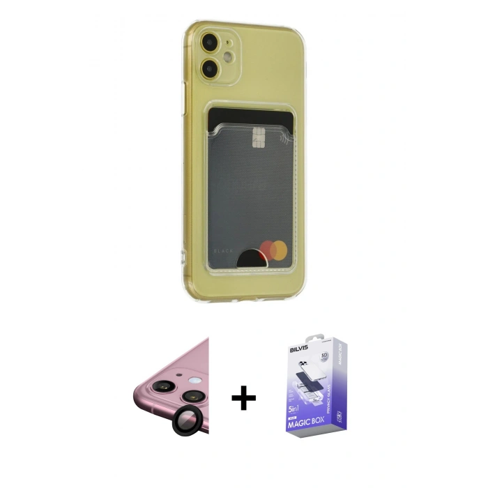 MARSİLYAN™- iPhone 11 Kılıf Doruk Klasik Koleksiyonu - Siyah Bilvis 5in1 5D Magic Hayalet Cam Ekran Koruyucu + Siyah Raze Metal Kamera Lens