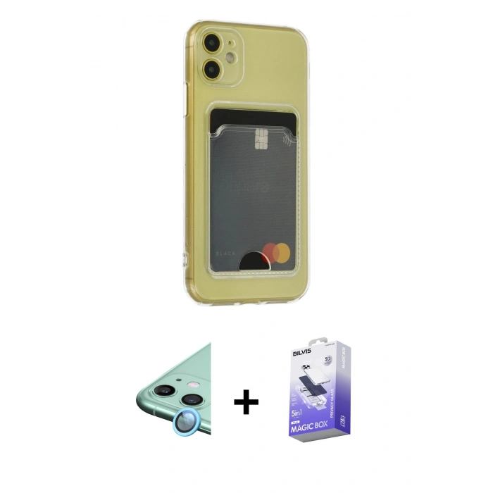 MARSİLYAN™- iPhone 11 Kılıf Doruk Klasik Koleksiyonu - Siyah Bilvis 5in1 5D Magic Hayalet Cam Ekran Koruyucu + Raze Metal Kamera Lens - MI