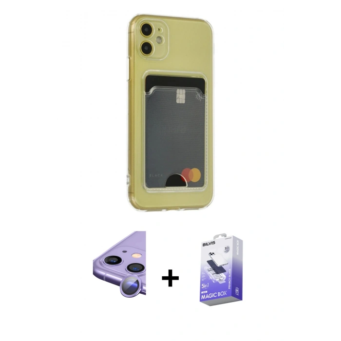 MARSİLYAN™- iPhone 11 Kılıf Doruk Klasik Koleksiyonu - Siyah Bilvis 5in1 5D Magic Hayalet Cam Ekran Koruyucu + Raze Metal Kamera Lens - MR