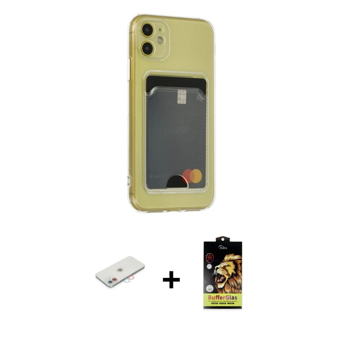 MARSİLYAN™- iPhone 11 Kılıf Doruk Klasik Koleksiyonu - Siyah Buffer Cam Ekran Koruyucu + Renkli Kamera Lens Koruma Cam - PE