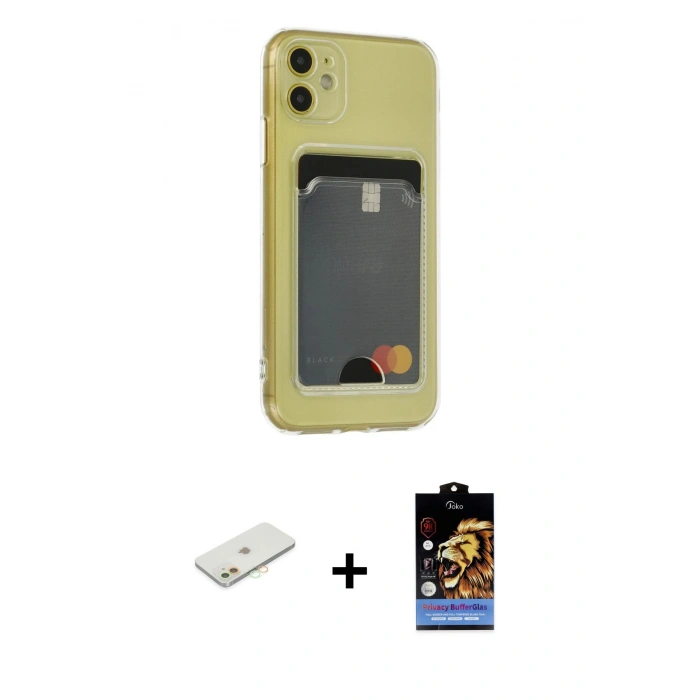MARSİLYAN™- iPhone 11 Kılıf Doruk Klasik Koleksiyonu - Siyah Buffer Hayalet Cam Ekran Koruyucu + Renkli Kamera Lens Koruma Cam - TU
