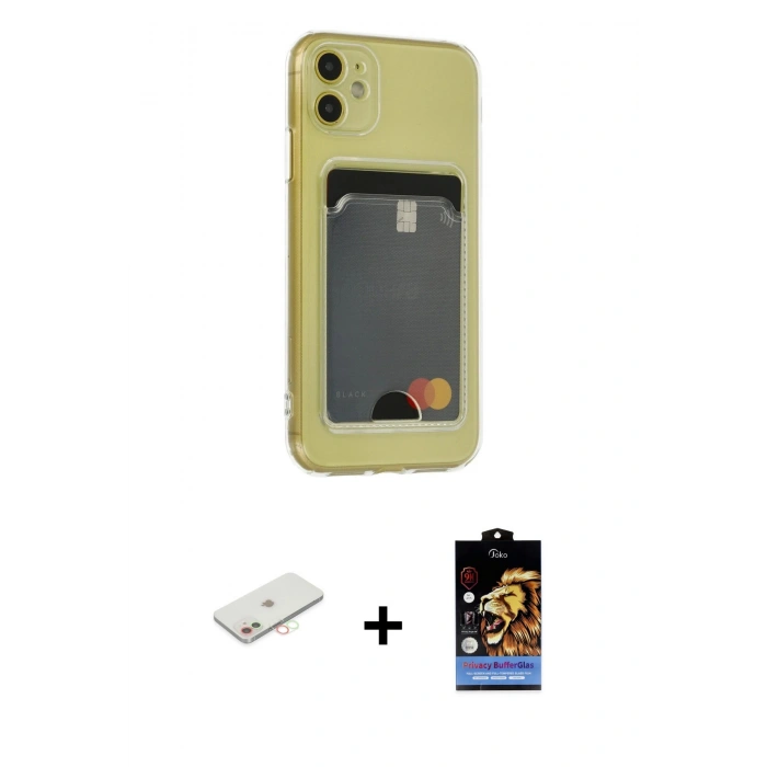 MARSİLYAN™- iPhone 11 Kılıf Doruk Klasik Koleksiyonu - Siyah Buffer Hayalet Cam Ekran Koruyucu + Renkli Kamera Lens Koruma Cam - YL