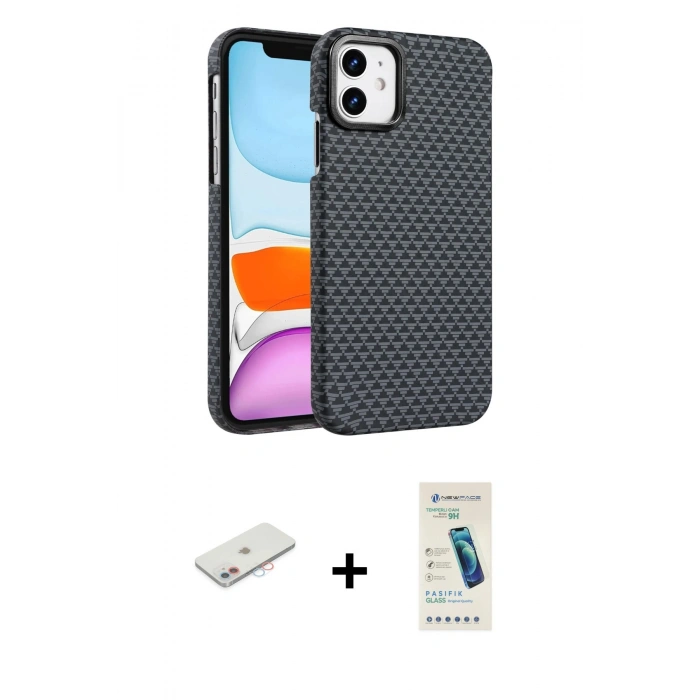 MARSİLYAN™- iPhone 11 Kılıf Doruk Serisi - Şeffaf Pasifik Cam Ekran Koruyucu + Renkli Kamera Lens Koruma Cam - PE