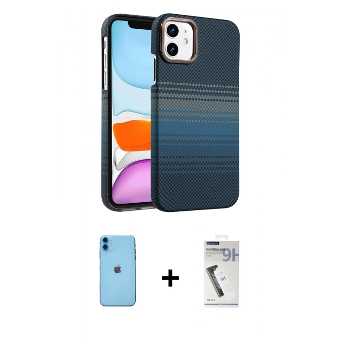 MARSİLYAN™- iPhone 11 Kılıf Doruk Serisi - Şeffaf Uv Polymer Nano Ekran Koruyucu + Neon Fosforlu Kamera Lens - MI