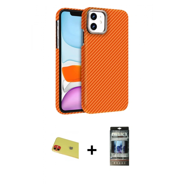 MARSİLYAN™- iPhone 11 Kılıf Doruk Serisi - Siyah 34D Hayalet Izgaralı Cam + Rainbow Kamera Lens Koruma Cam - KI