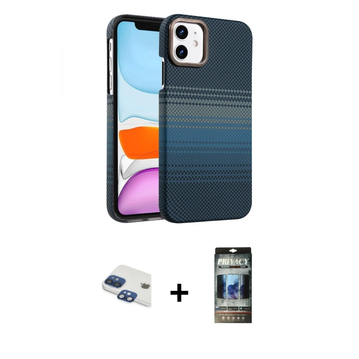 MARSİLYAN™- iPhone 11 Kılıf Doruk Serisi - Siyah 34D Hayalet Izgaralı Cam + Pers Alüminyum Kamera Lens - LT