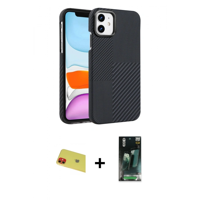 MARSİLYAN™- iPhone 11 Kılıf Doruk Serisi - Siyah 360 Mat Full Body Arka Koruyucu + Rainbow Kamera Lens Koruma Cam - KI