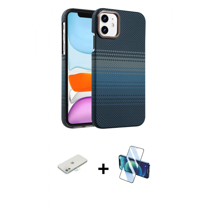 MARSİLYAN™- iPhone 11 Kılıf Doruk Serisi - Siyah 3D Antistatik Cam Ekran Koruyucu + Renkli Kamera Lens Koruma Cam - SI