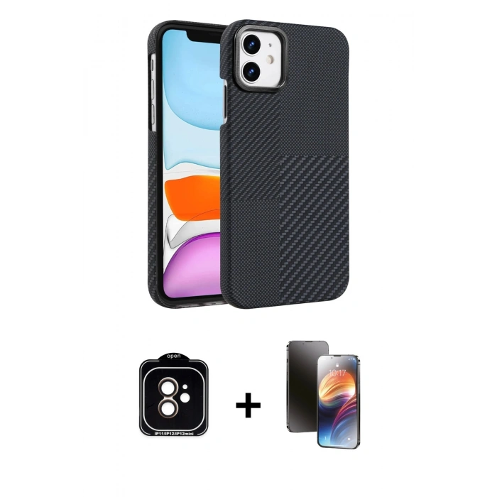 MARSİLYAN™- iPhone 11 Kılıf Doruk Serisi - Siyah 3D Antistatik Mat Seramik Nano Ekran Koruyucu + PVD Metal Kamera Lens - TU