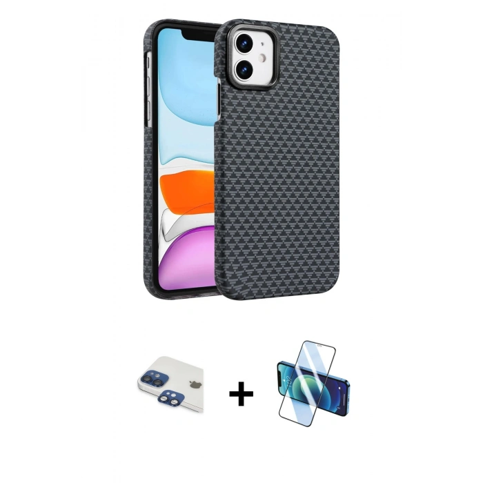 MARSİLYAN™- iPhone 11 Kılıf Doruk Serisi - Siyah 3D Antistatik Seramik Nano Ekran Koruyucu + Pers Alüminyum Kamera Lens - LT