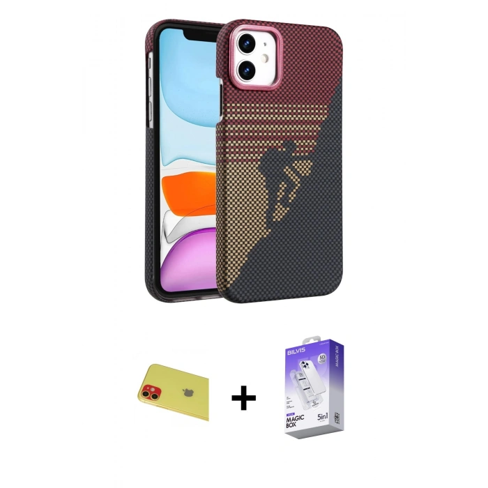 MARSİLYAN™- iPhone 11 Kılıf Doruk Serisi - Siyah Bilvis 5in1 3D Magic Cam Ekran Koruyucu + Rainbow Kamera Lens Koruma Cam - KI