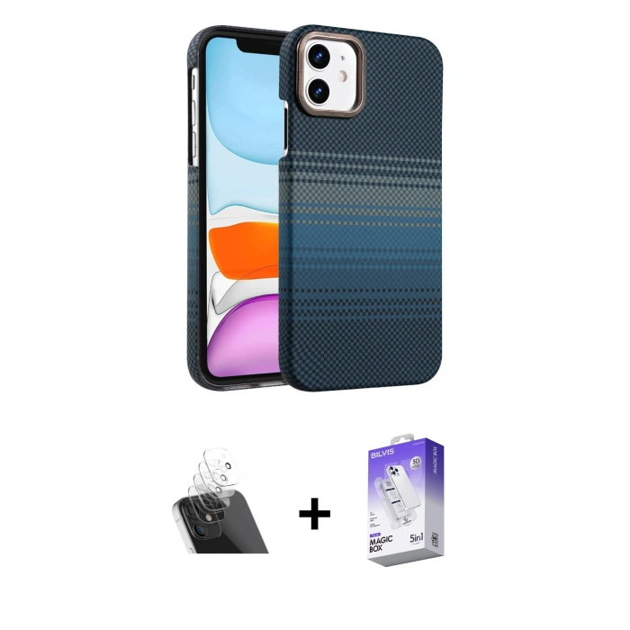 MARSİLYAN™- iPhone 11 Kılıf Doruk Serisi - Siyah Bilvis 5in1 3D Magic Cam Ekran Koruyucu + Kamera Lens Koruma Cam - SF
