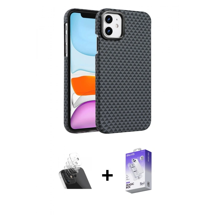 MARSİLYAN™- iPhone 11 Kılıf Doruk Serisi - Siyah Bilvis 5in1 3D Magic Cam Ekran Koruyucu + Kamera Lens Koruma Cam - SF