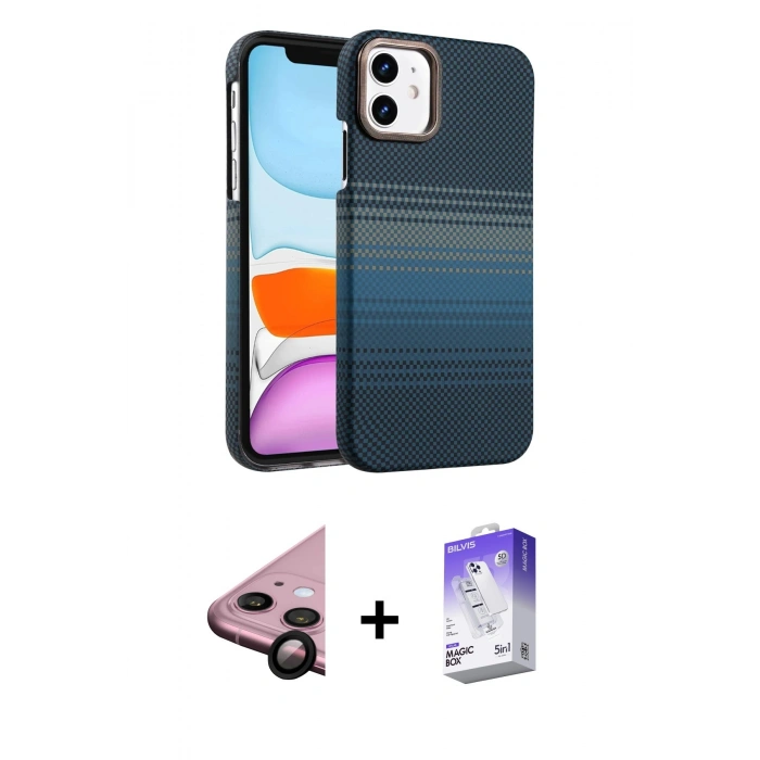 MARSİLYAN™- iPhone 11 Kılıf Doruk Serisi - Siyah Bilvis 5in1 3D Magic Cam Ekran Koruyucu + Raze Metal Kamera Lens - SH