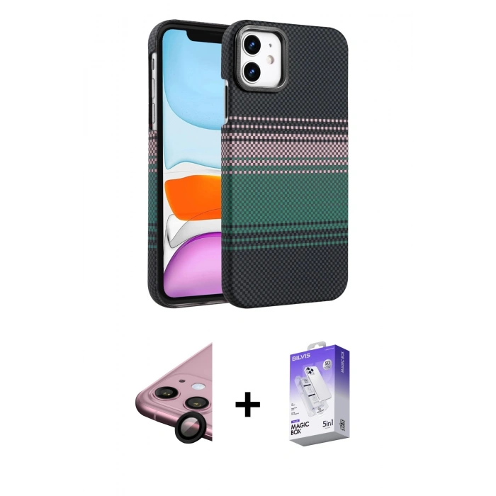 MARSİLYAN™- iPhone 11 Kılıf Doruk Serisi - Siyah Bilvis 5in1 3D Magic Cam Ekran Koruyucu + Raze Metal Kamera Lens - SH