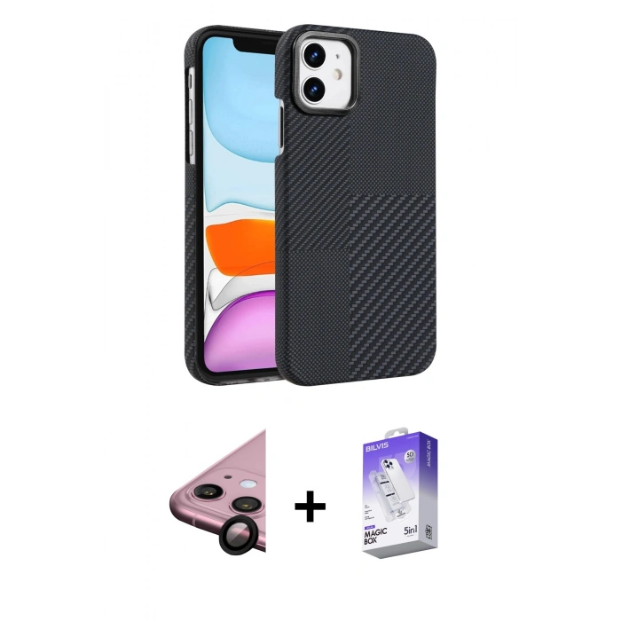 MARSİLYAN™- iPhone 11 Kılıf Doruk Serisi - Siyah Bilvis 5in1 3D Magic Cam Ekran Koruyucu + Raze Metal Kamera Lens - SH