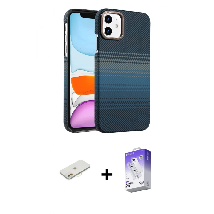 MARSİLYAN™- iPhone 11 Kılıf Doruk Serisi - Siyah Bilvis 5in1 3D Magic Cam Ekran Koruyucu + Renkli Kamera Lens Koruma Cam - TU