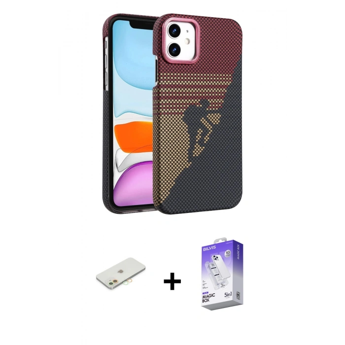 MARSİLYAN™- iPhone 11 Kılıf Doruk Serisi - Siyah Bilvis 5in1 3D Magic Cam Ekran Koruyucu + Renkli Kamera Lens Koruma Cam - TU